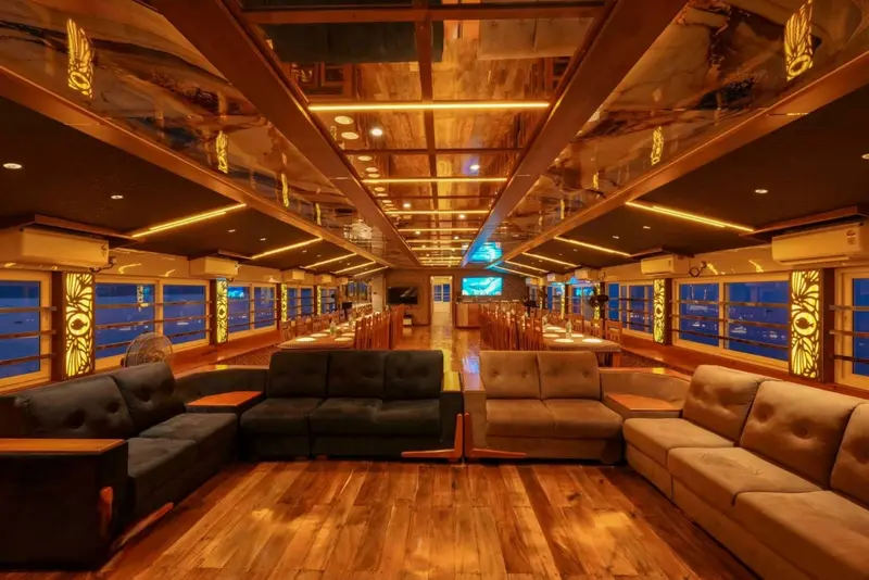Main lounge lit up in the evening