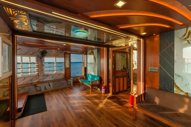 Lounge with sunset light and lake views